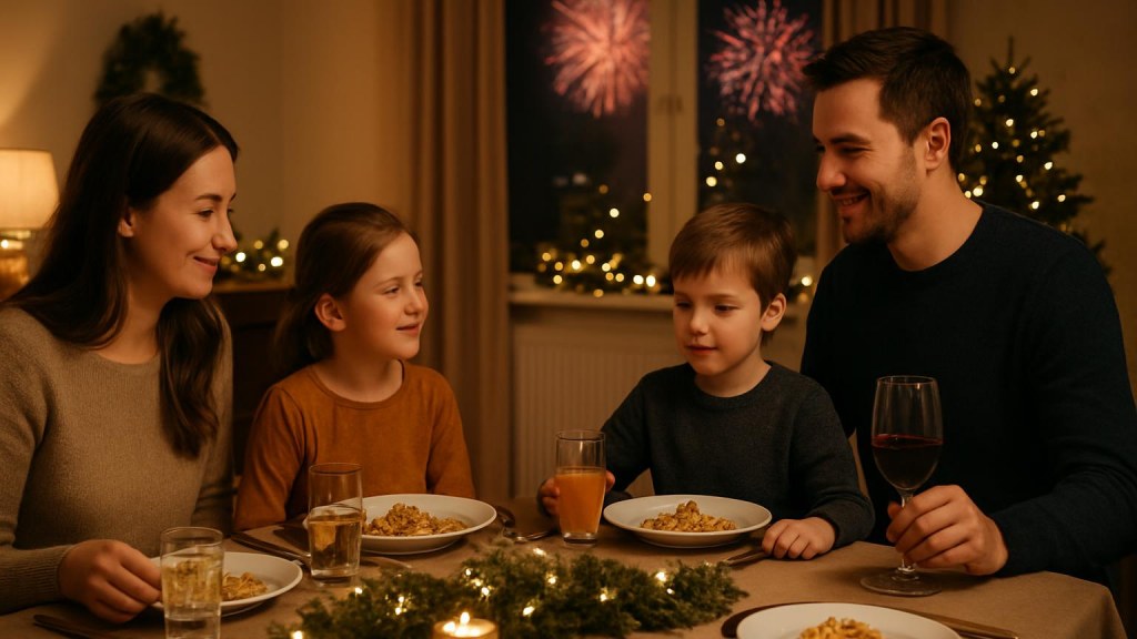 Famiglia con bambini in ambiente accogliente per Capodanno